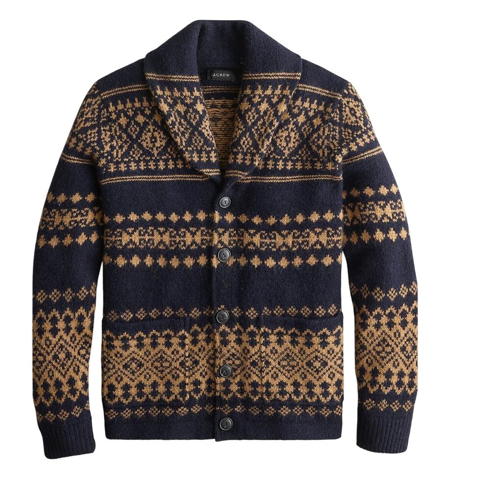 J.Crew Wool-Blend Fair Isle Cardigan Sweater Mens L Navy Shawl Collar Dude Style